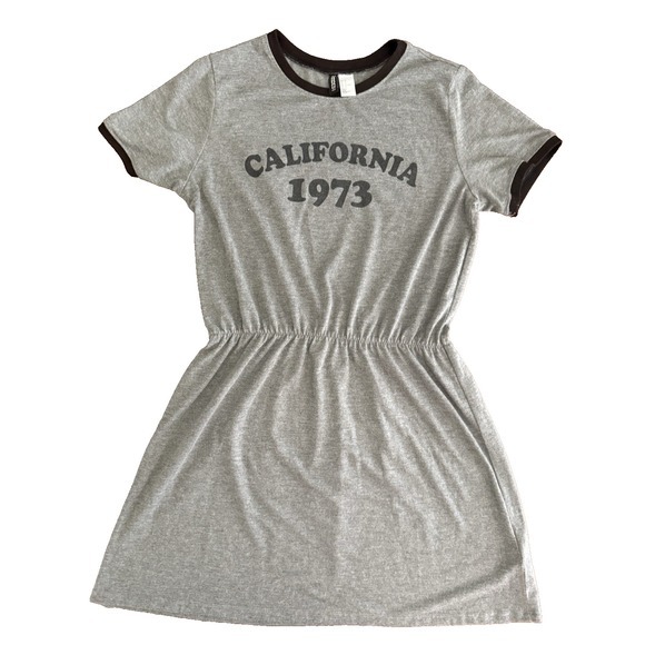 H&M Gray T-Shirt Dress with Elastic Waist "California 1973" Womens Size 14‎ - Picture 1 of 6
